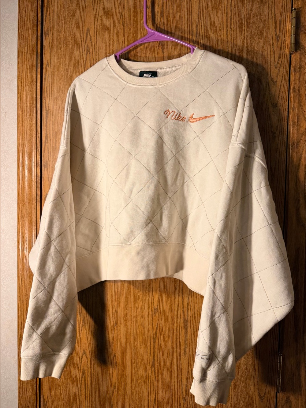 Nike Cream Quilted Cropped Sweatshirt with Orange Embroidered Logo